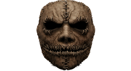 Scary scarecrow mask with burlap texture isolated on transparent background, perfect for halloween costume party