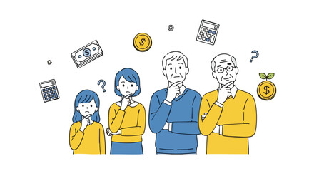 Family pondering financial future, money, and investment questions with thoughtful expressions