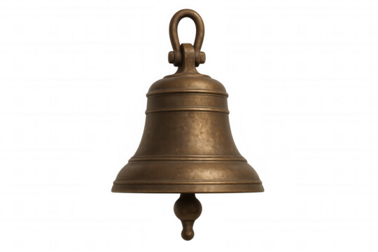 Antique brass bell hanging, isolated on transparent background, perfect for projects needing a touch of vintage charm