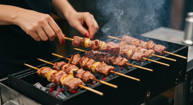 Espetinhos de carne sendo assados em uma churrasqueira port&aacute;til, comida de rua t&iacute;pica do Brasil