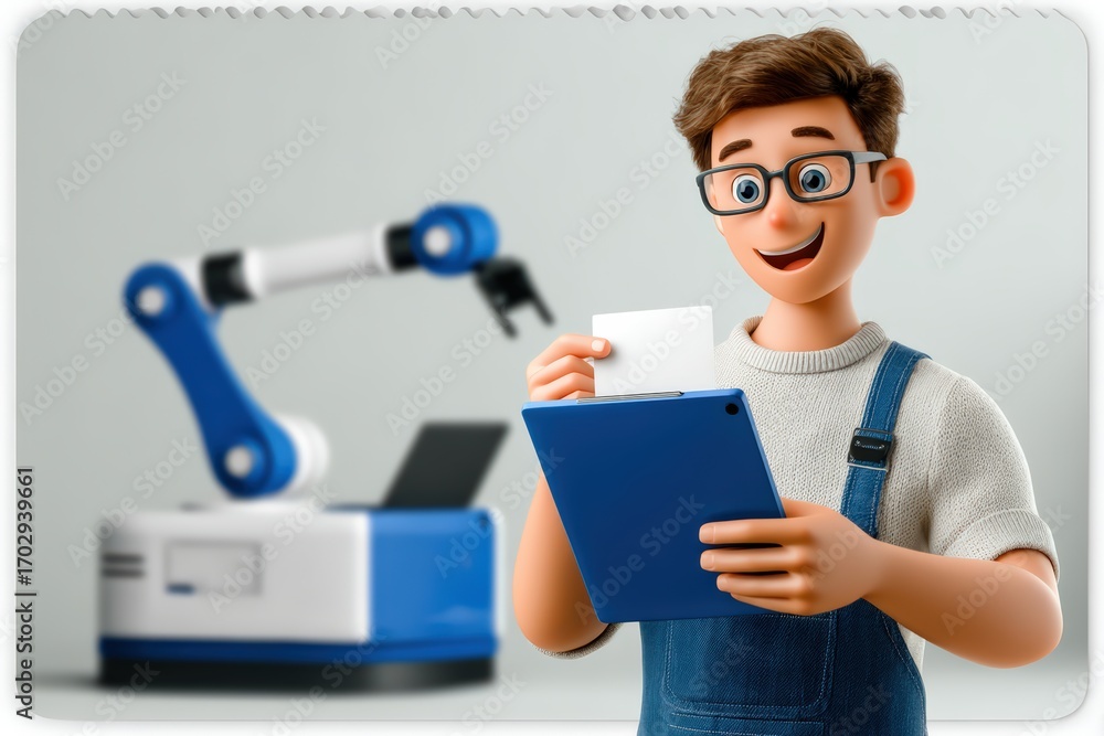Poster young man engaging with modern technology while interacting with an advanced robotic arm in a vibran