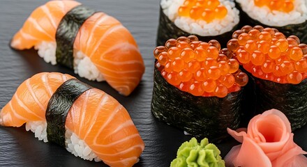 Delicious Salmon Sushi and Gunkan Maki.
