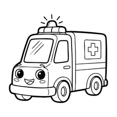Cute cartoon ambulance vehicle with smiling face and medical cross symbol on the side for kids coloring page