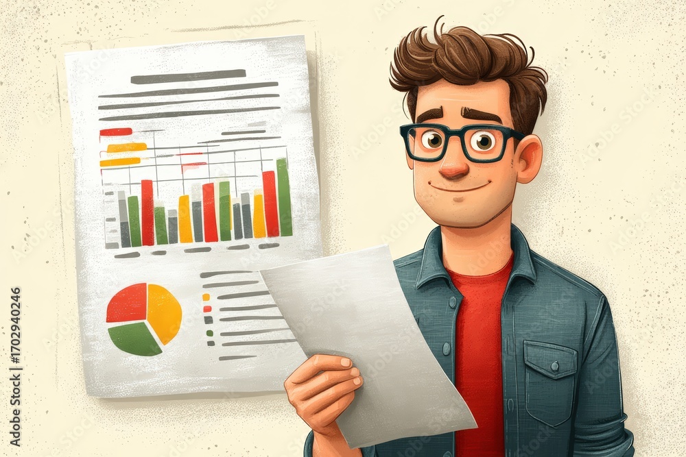 Poster Engaging male professional analyzing financial data with colorful charts and graphs in a bright workspace reflecting modern analytics trends and insightful evaluations