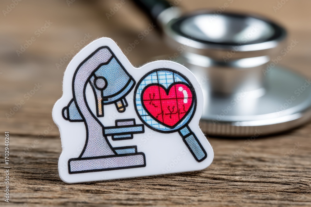 Poster creative representation of a microscope and a magnifying glass focusing on a heart symbolizing the i