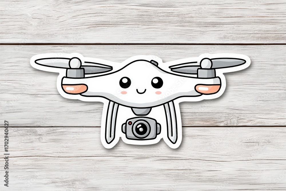 Aufkleber cute cartoon drone with smiling face and camera features set against rustic wooden backdrop combinin
