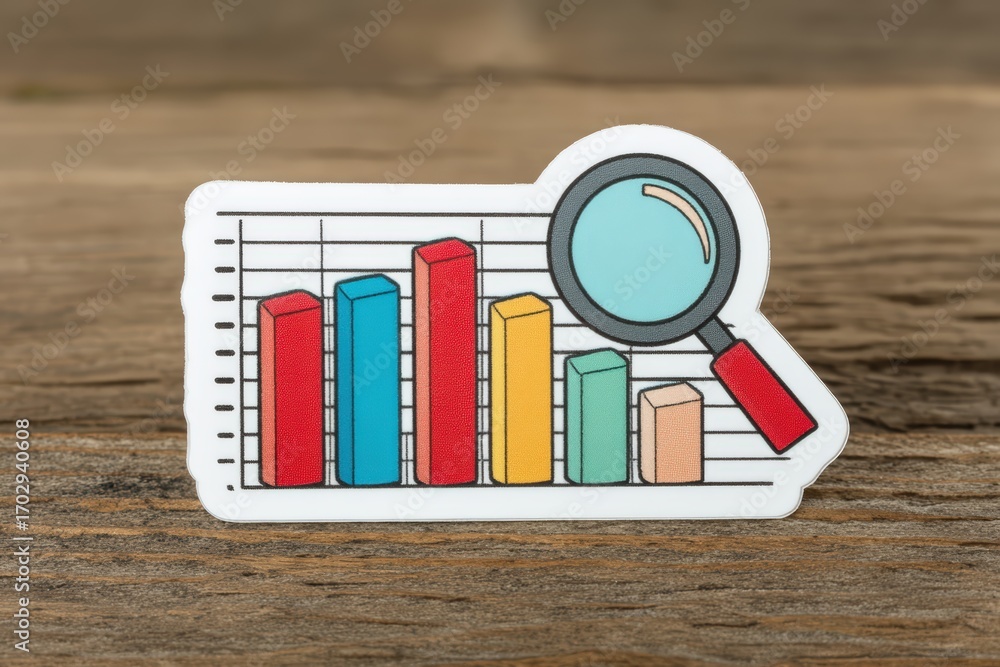 Poster colorful bar graph illustration displaying data analysis insights with a magnifying glass on vintage