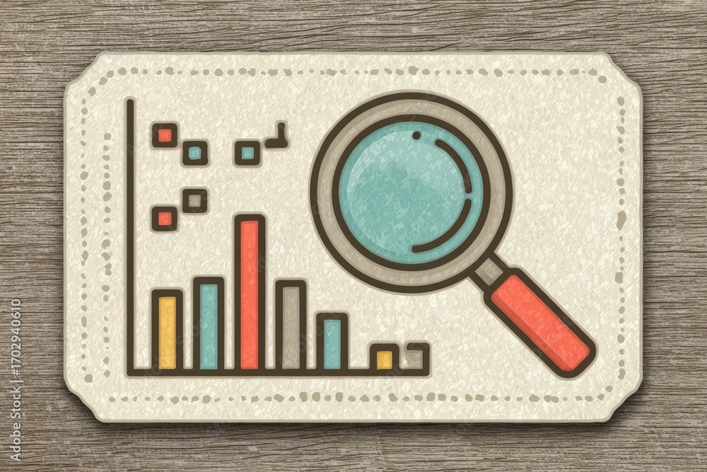 Poster detailed illustration of data analysis metrics with a magnifying glass overlaying colorful bar graph
