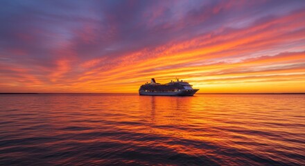 Majestic Sunset Over Ocean with Lush Colors and Cruise Ship Silhouette on the Horizon