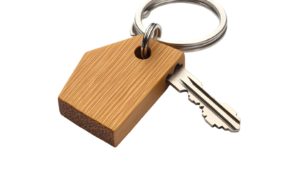 Wooden houseshaped key with metal ring isolated on transparent background, representing home security and ownership