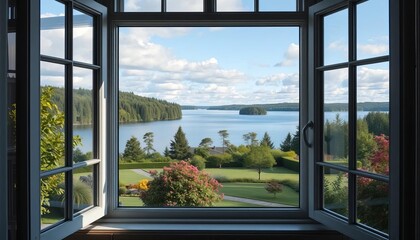 Fototapeta premium A Finnish lakeside garden viewed from a window, classic landscape featuring tranquil water and lush greenery, beautiful, plants