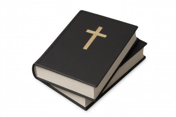 Two black bibles with gold crosses are stacked, suggesting faith, spirituality, and religious study with transparent background