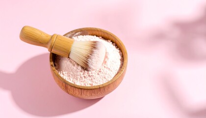 Wooden bowl with face powder and brush on pink background
