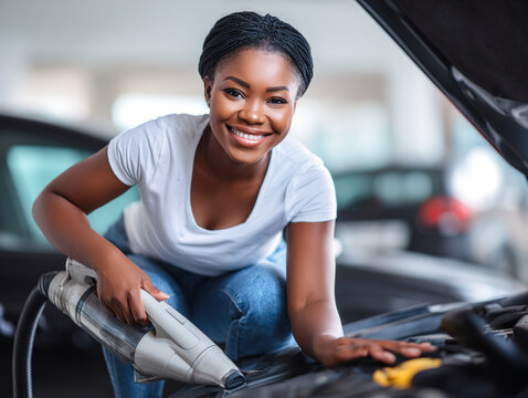 Young Woman Fixing Car Interior with Power Drill in Workshop Setting