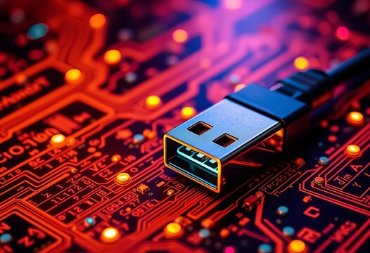 Abstract digital background featuring glowing USB ports, circuit board textures, binary code,  modern,  sci-fi - Powered by Adobe