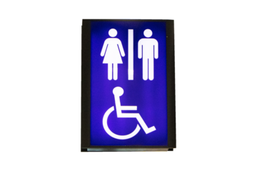 Signs modern public toilet or bathroom sign light bulb LED isolated on cutout PNG or transparent background. Symbol notifying people. Of men, women, people disabilities with person icon.