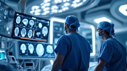 Two medical professionals in blue scrubs examining brain scan images on a large screen in a modern hospital radiology room with a cool blue mood. - Powered by Adobe