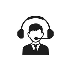 Cartoon call center operator with a headset, providing customer support service at a telephone desk