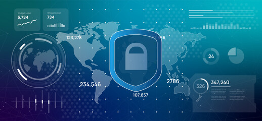 Futuristic digital dashboard displaying a world map with a central security shield icon illustration visualizing global cybersecurity data protection and network safety concept