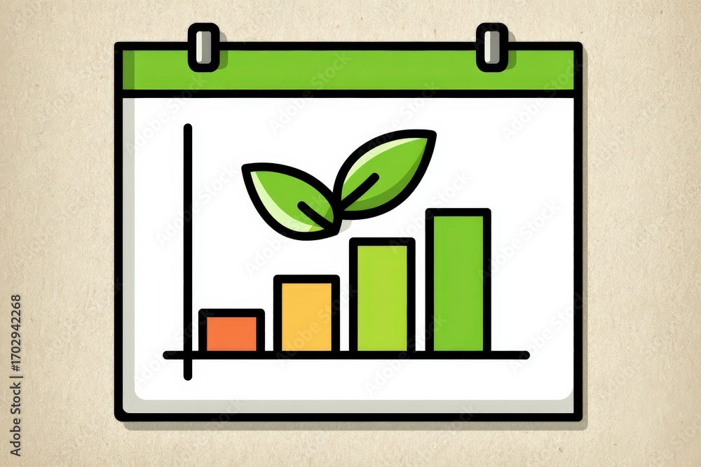 Poster Growth indicators represented by ascending bar graph with vibrant green leaves symbolizing sustainable development and ecological responsibility as metrics of success and environmental health