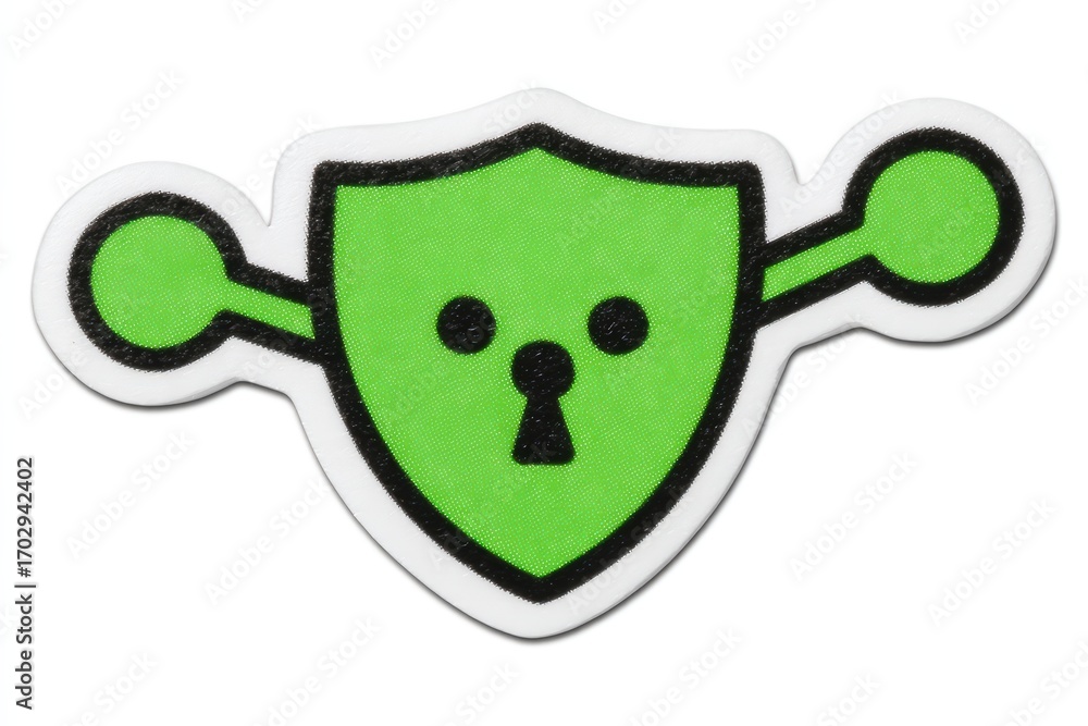 Poster illustrated green shield emblem featuring a keyhole and circular elements suggesting security and pr