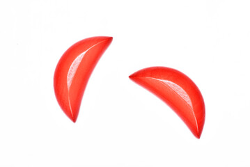  Red wooden divination blocks on white background,When both blocks land with the curved side facing...
