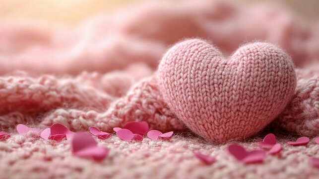 Knitted pink heart with fabric texture and petals symbolizing love and comfort