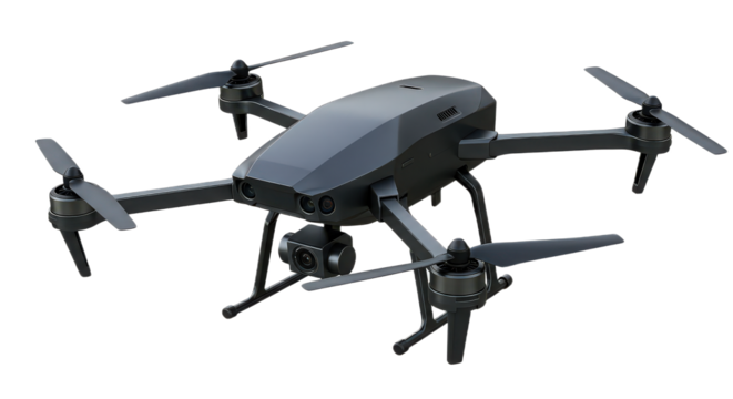A modern black drone with camera isolated on transparent background, used for aerial photography and videography