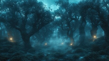 Obraz premium Enchanting moonlit forest path with glowing lights.