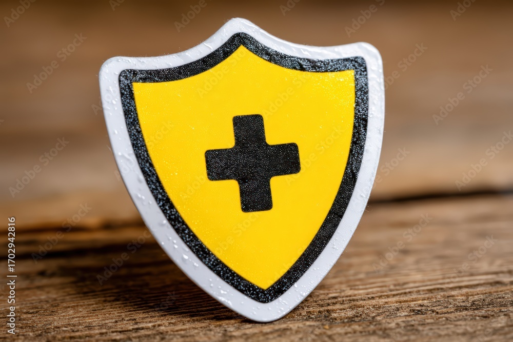 Poster symbolic representation of health and safety with a yellow shield featuring a black cross on a rusti