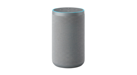 Smart speaker with a gray and white patterned design isolated on transparent background, a modern voice assistant device