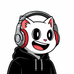 A joyful cartoon cat wearing headphones and a hoodie enjoys listening to music.