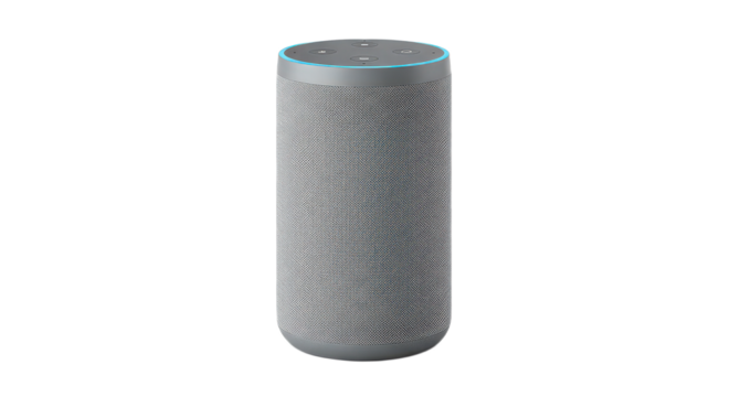 Smart speaker with a gray and white patterned design isolated on transparent background, a modern voice assistant device
