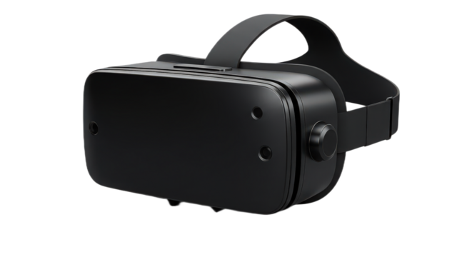 Black virtual reality headset isolated on transparent background for gaming and entertainment purposes in the metaverse