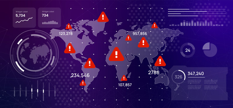 high-tech digital dashboard displaying a world map with red warning signs global crisis cybersecurity threats risk areas futuristic emergency and data driven alerts