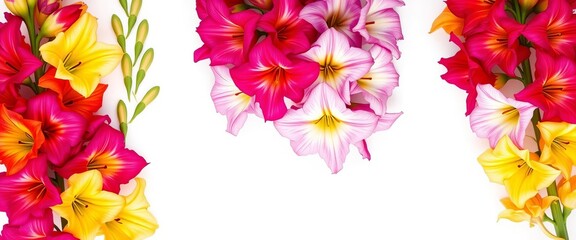 A vibrant cluster of gladiolus blossoms, various colors, isolated on pure white,  background,  botany