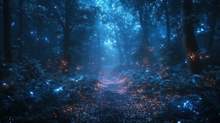 Enchanting blue forest path at night with glowing particles.