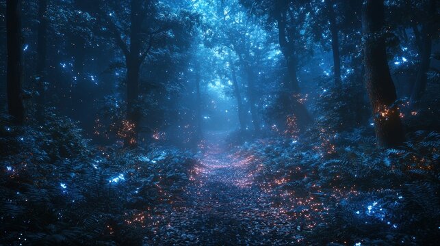 Enchanting blue forest path at night with glowing particles.