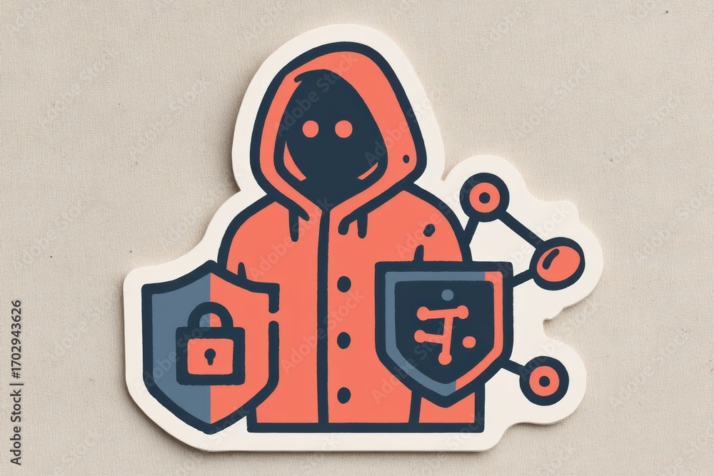 Poster anonymous hacker figure in an orange hoodie holding security badges and connected through a digital 