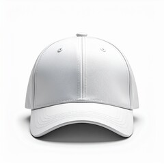 Fototapeta premium A clean white baseball cap is displayed from a front-facing angle, ready to be customized with logos, graphics, or text for branding and promotional purposes