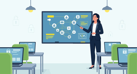 Fototapeta premium Cybersecurity training session illustration featuring instructor and a diagram of security protocols