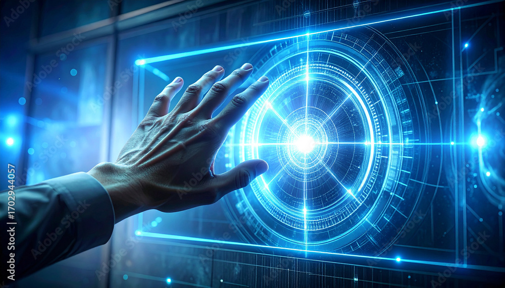 Poster futuristic interface interaction: a digital rendering showcasing a person's hand gracefully interact