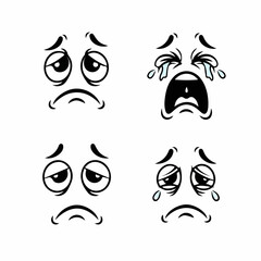 Four cartoon faces depict varying degrees of sadness, from melancholic to tearful, showcasing a range of emotional expressions.