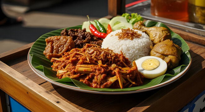 Authentic Indonesian cuisine featuring Gudeg Jogja, a vibrant and savory mixed rice platter with beef, chicken, egg, and sambal