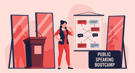 Illustration of confident woman ready for public speaking at leadership bootcamp session