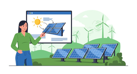 Illustration of renewable energy with solar panels and windmills for sustainability education