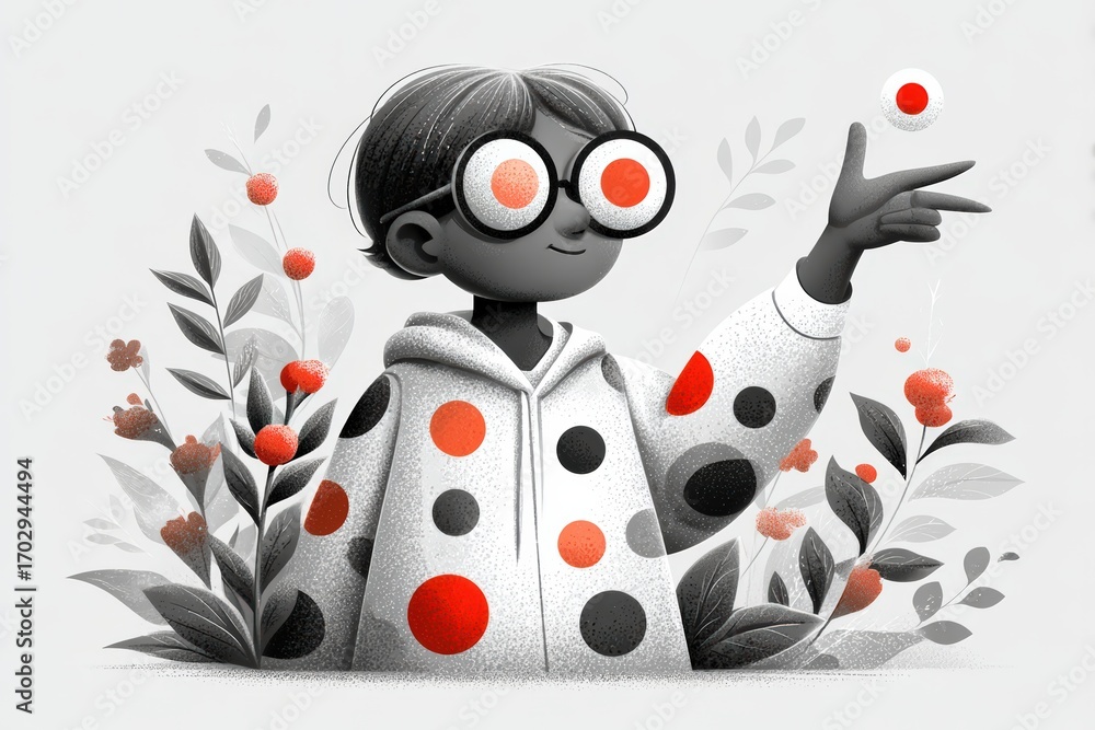 Poster creative child joyfully interacting with playful polka-dots and vibrant foliage against a minimalist