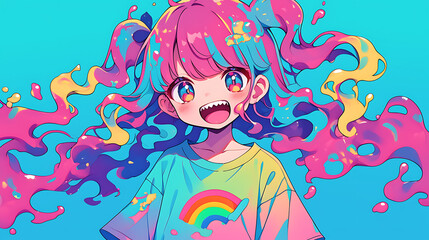 Colorful animated character with vibrant hair and playful expression against a bright backdrop