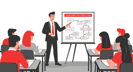 Professional business coach presenting logic rebuttal structure in classroom session
