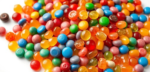 Obraz premium A mountain of assorted candies, chocolates, and gummies, vibrant colors, isolated on pure white, treats, overflowing